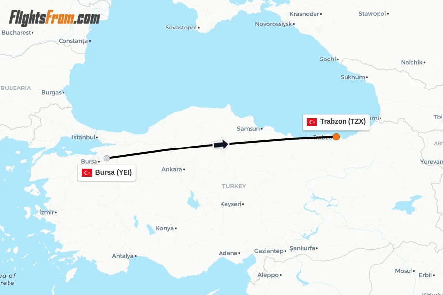 Flights from Bursa to Trabzon route map