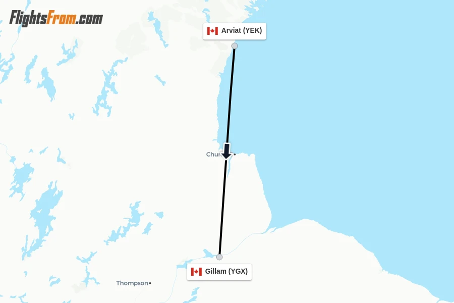 Flights from Arviat to Gillam route map