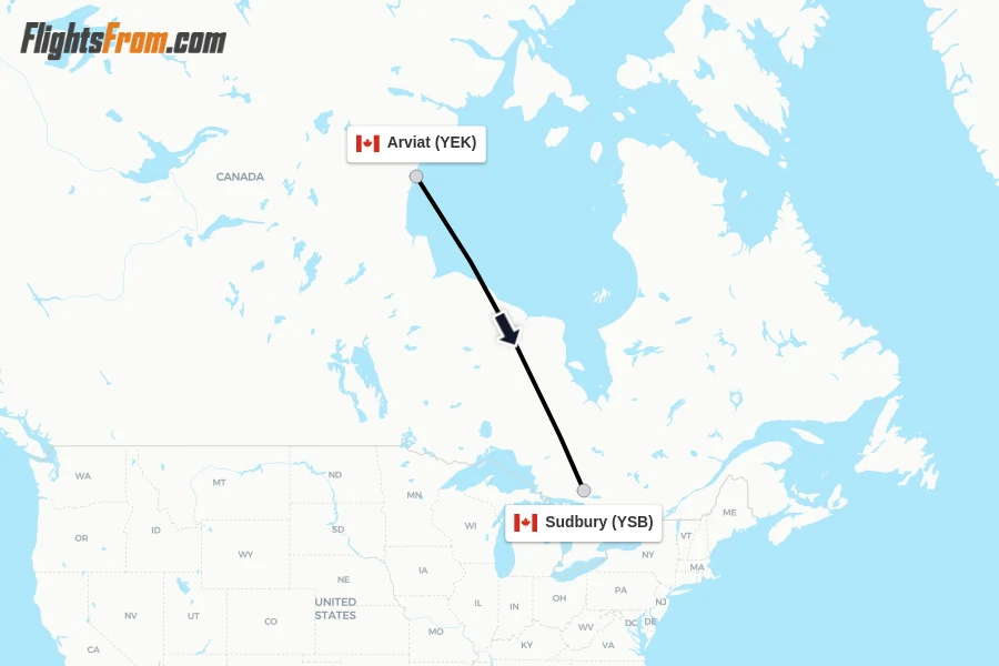 Flights from Arviat to Sudbury route map