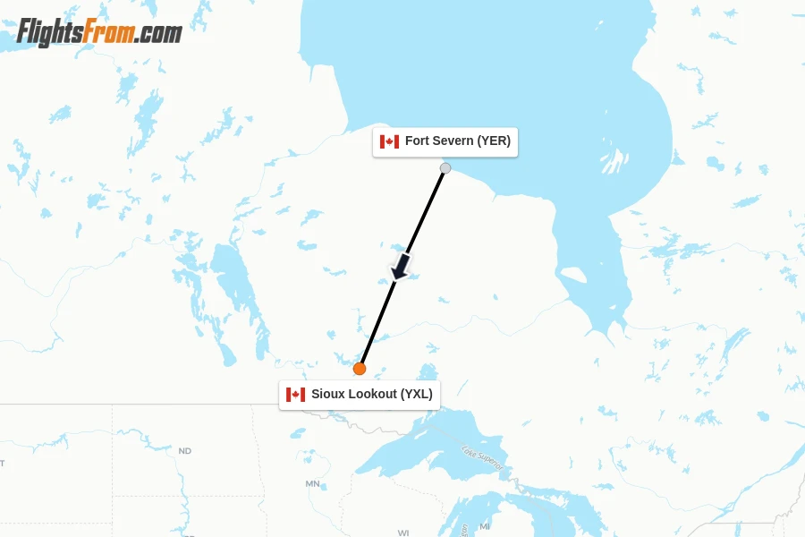 Flights from Fort Severn to Sioux Lookout route map