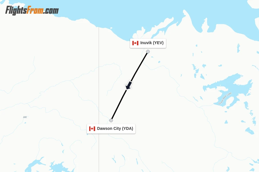 Flights from Inuvik to Dawson City route map