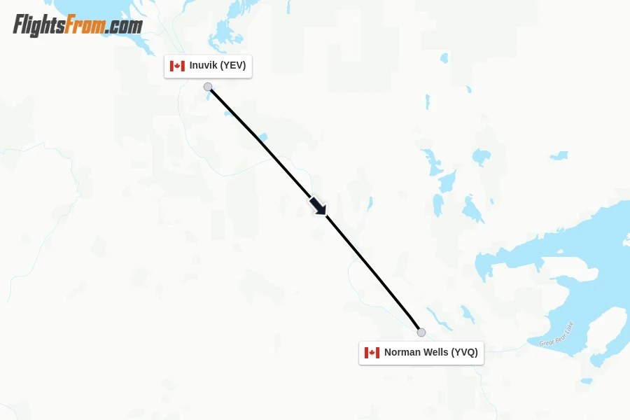 Flights from Inuvik to Norman Wells route map