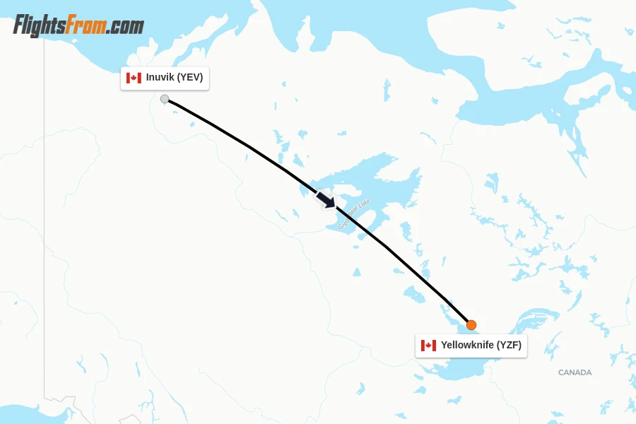 Flights from Inuvik to Yellowknife route map