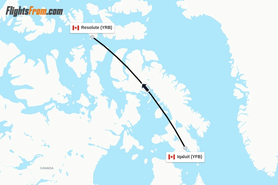 Flights from Iqaluit to Resolute route map