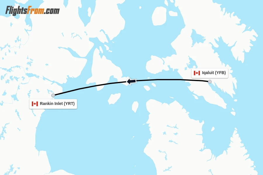 Flights from Iqaluit to Rankin Inlet route map