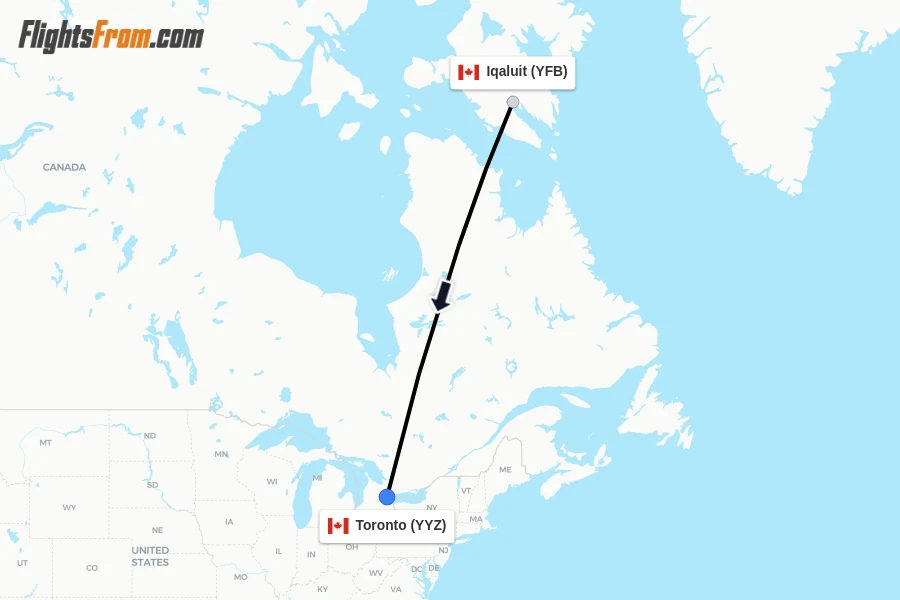 Flights from Iqaluit to Toronto route map