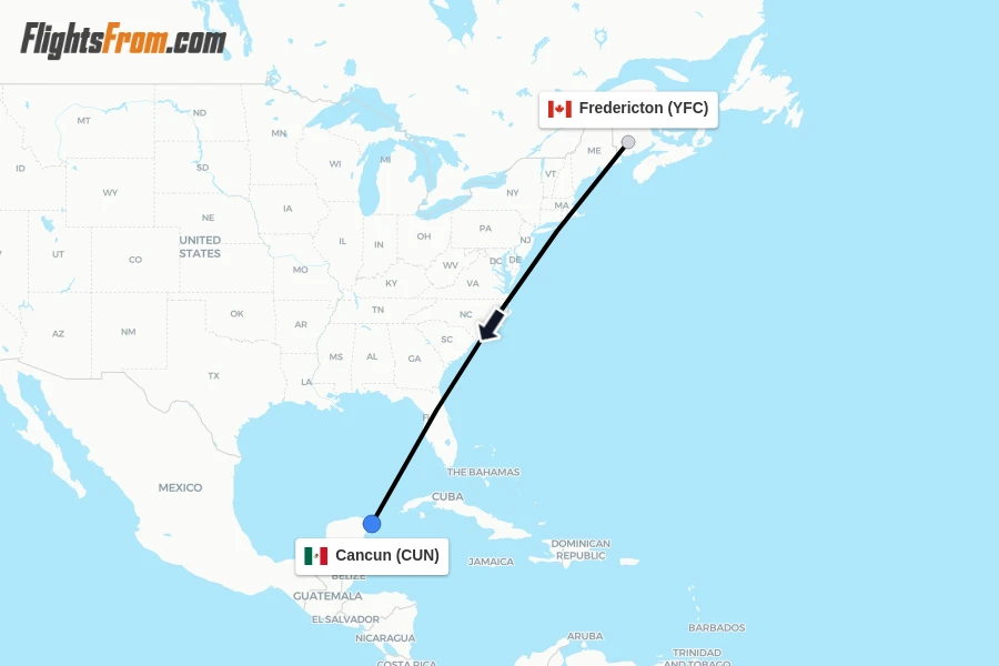 Flights from Fredericton to Cancun route map