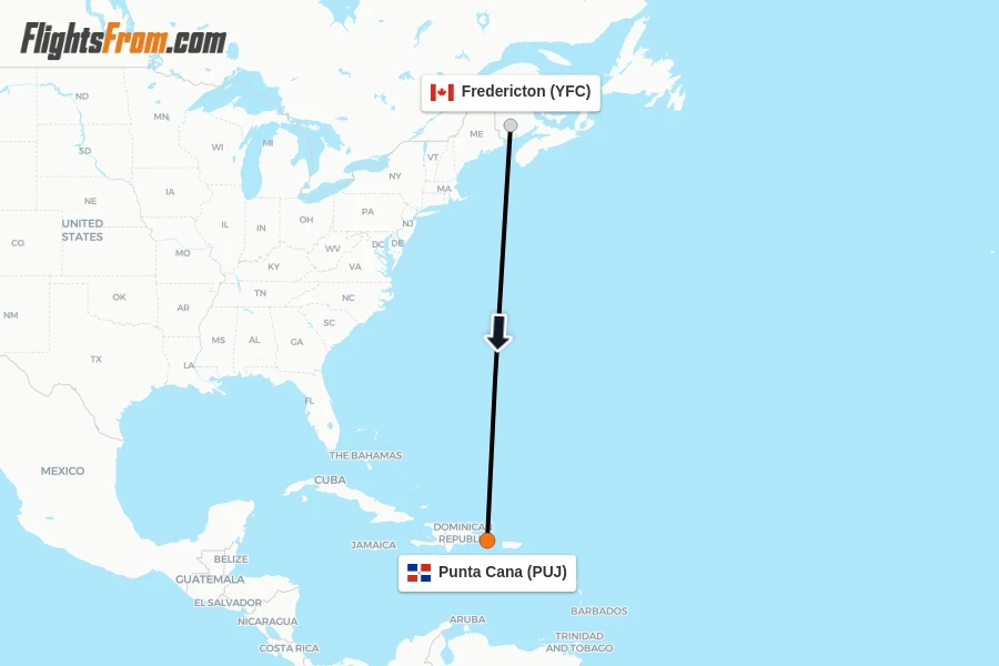 Flights from Fredericton to Punta Cana route map