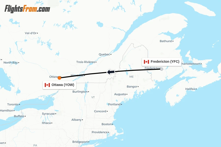 Flights from Fredericton to Ottawa route map
