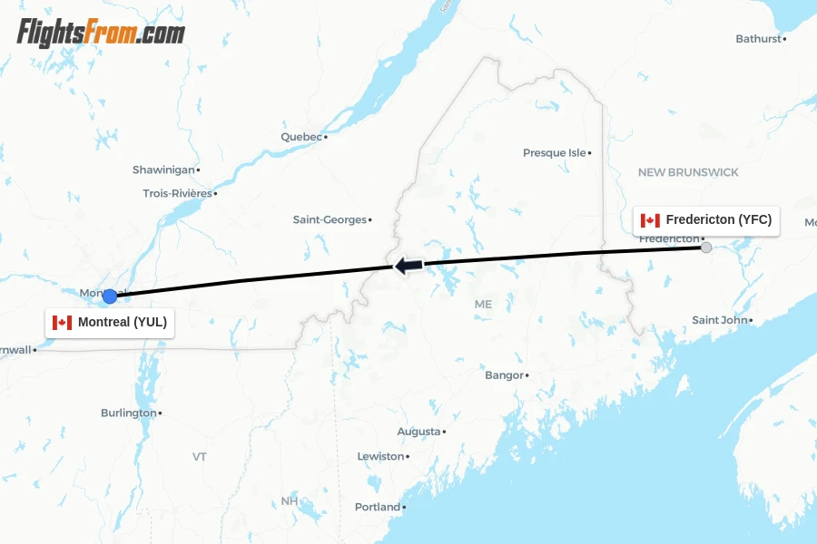 Flights from Fredericton to Montreal route map
