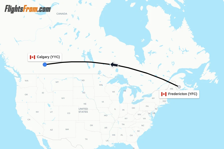 Flights from Fredericton to Calgary route map