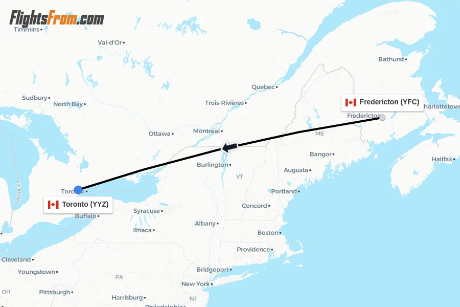 Flights from Fredericton to Toronto route map