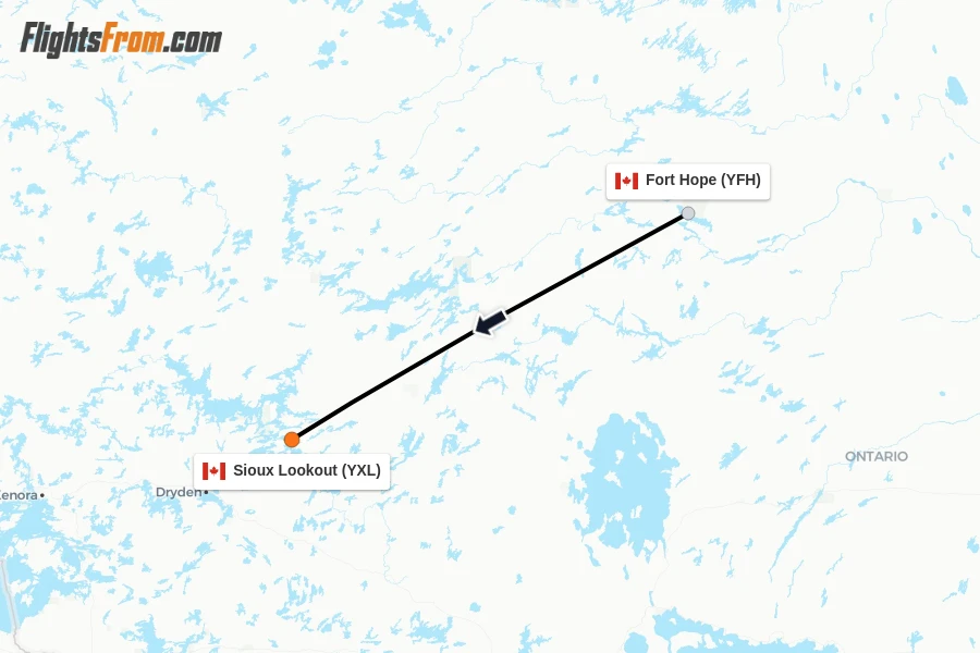 Flights from Fort Hope to Sioux Lookout route map