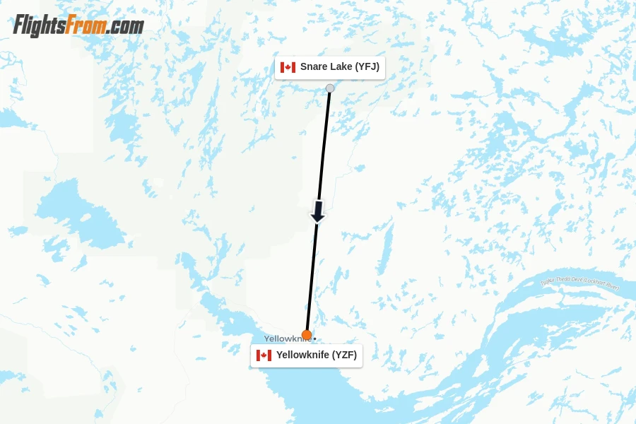Flights from Snare Lake to Yellowknife route map
