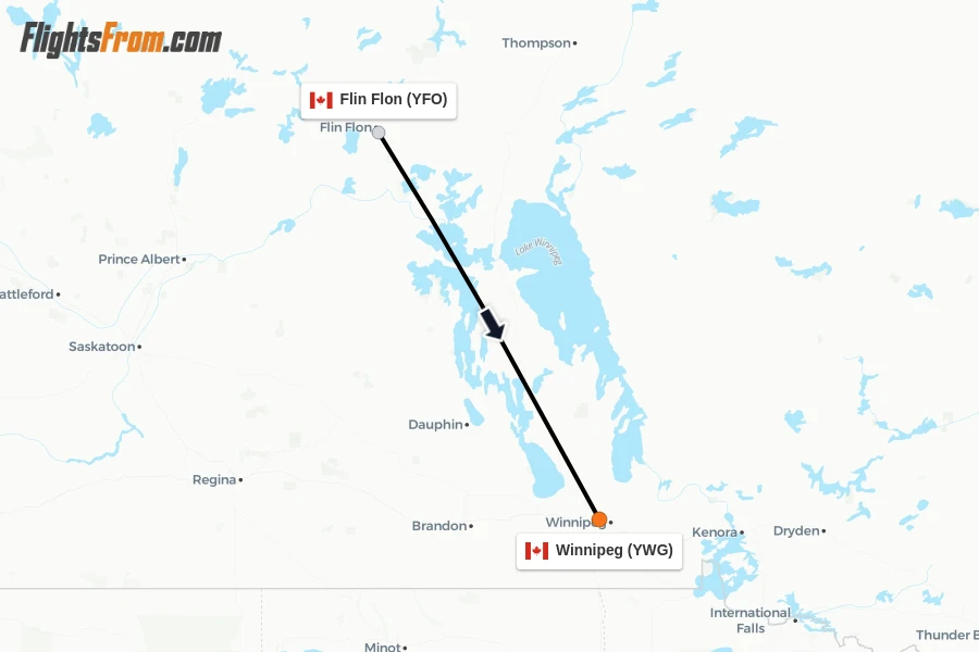 Flights from Flin Flon to Winnipeg route map