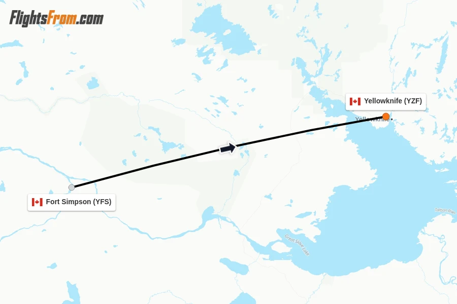 Flights from Fort Simpson to Yellowknife route map