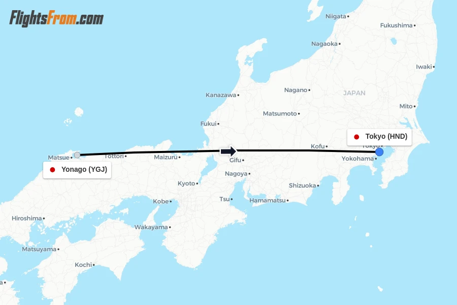 Flights from Yonago to Tokyo route map