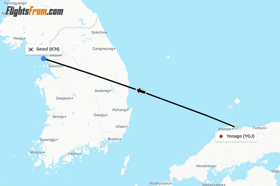 Flights from Yonago to Seoul route map