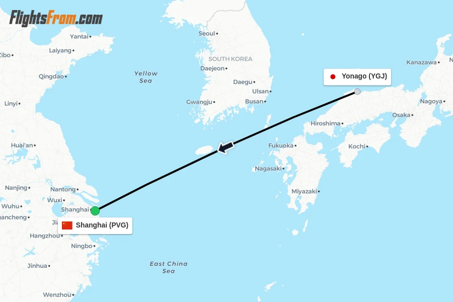 Flights from Yonago to Shanghai route map