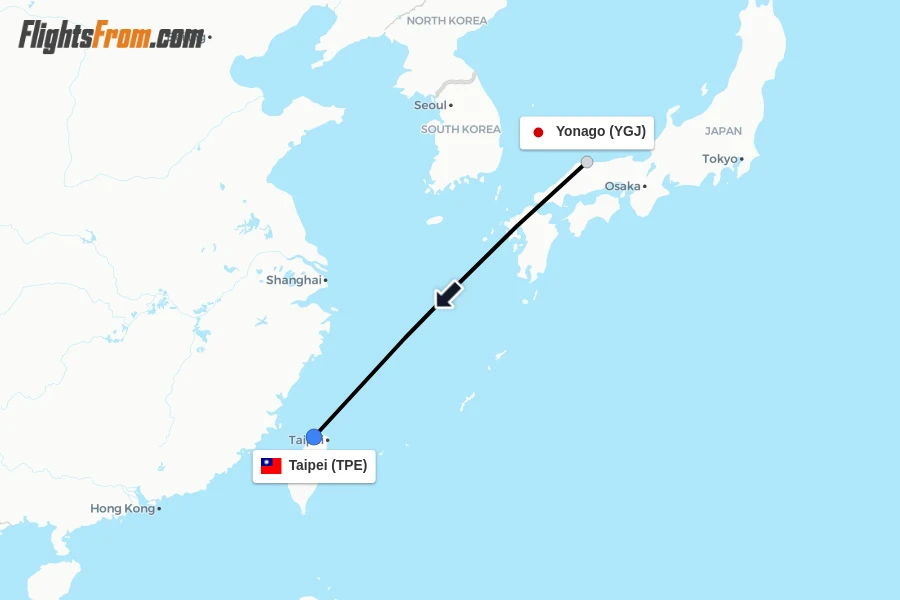 Flights from Yonago to Taipei route map