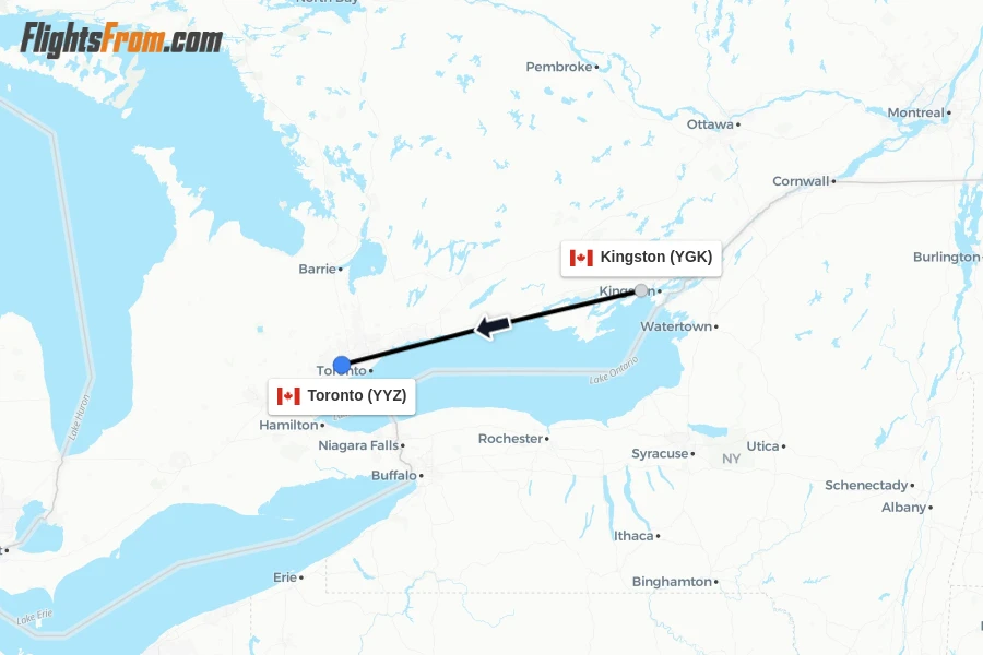 Flights from Kingston to Toronto route map