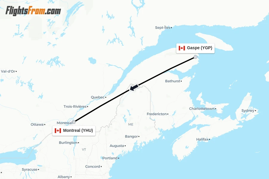 Flights from Gaspe to Montreal route map