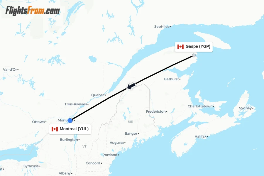 Flights from Gaspe to Montreal route map