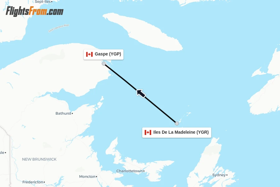 Flights from Iles De La Madeleine to Gaspe route map