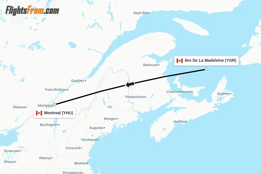 Flights from Iles De La Madeleine to Montreal route map