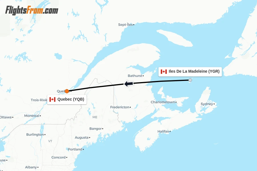 Flights from Iles De La Madeleine to Quebec route map