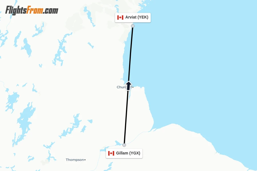Flights from Gillam to Arviat route map
