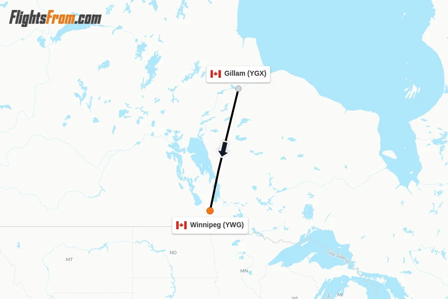 Flights from Gillam to Winnipeg route map