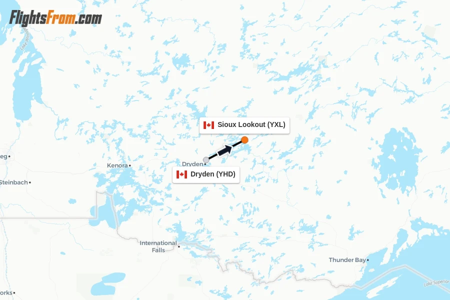 Flights from Dryden to Sioux Lookout route map