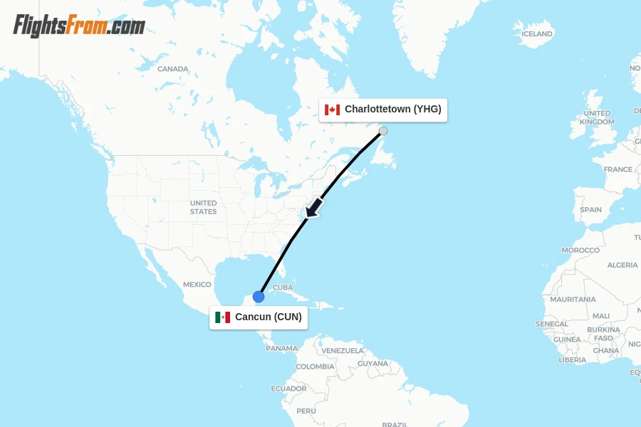 Flights from Charlottetown to Cancun route map