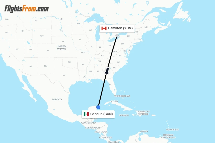 Flights from Hamilton to Cancun route map