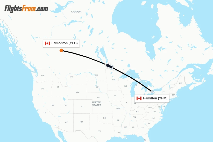 Flights from Hamilton to Edmonton route map