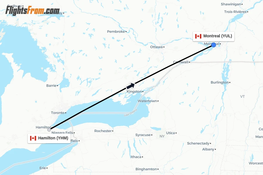 Flights from Hamilton to Montreal route map