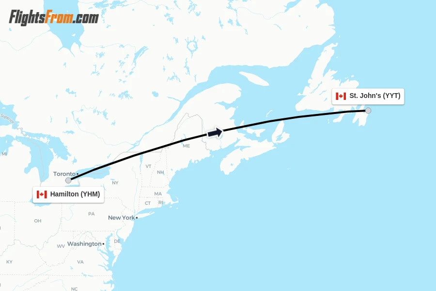 Flights from Hamilton to St. John's route map