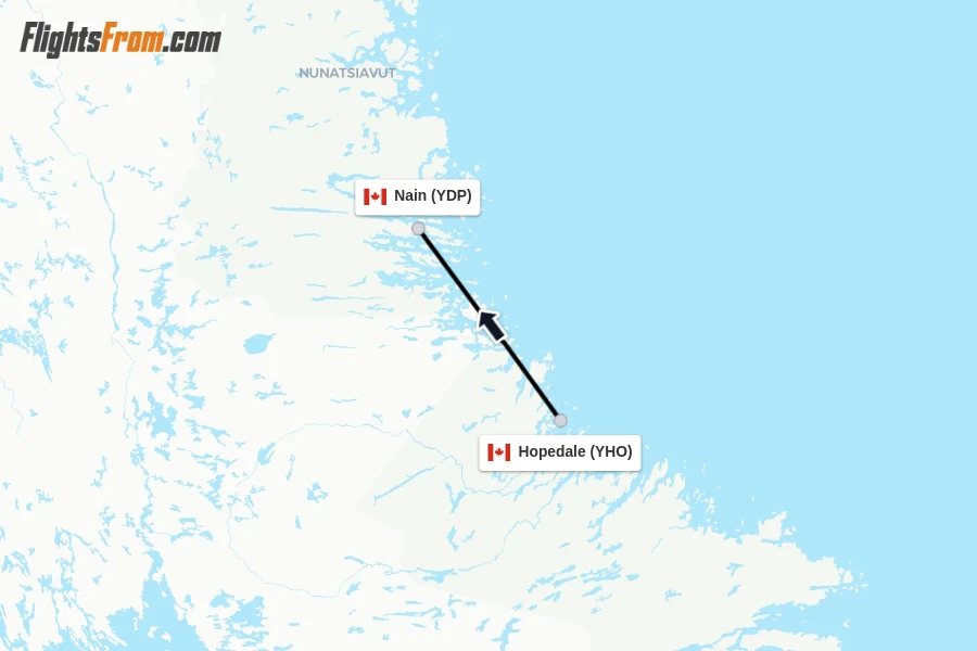 Flights from Hopedale to Nain route map