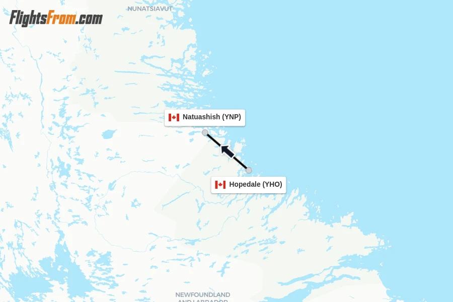 Flights from Hopedale to Natuashish route map