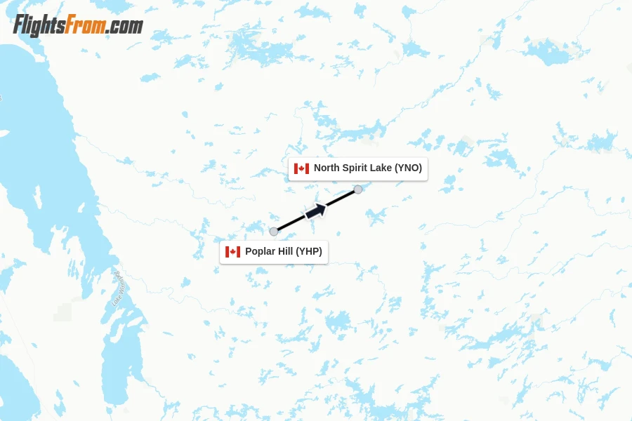 Flights from Poplar Hill to North Spirit Lake route map