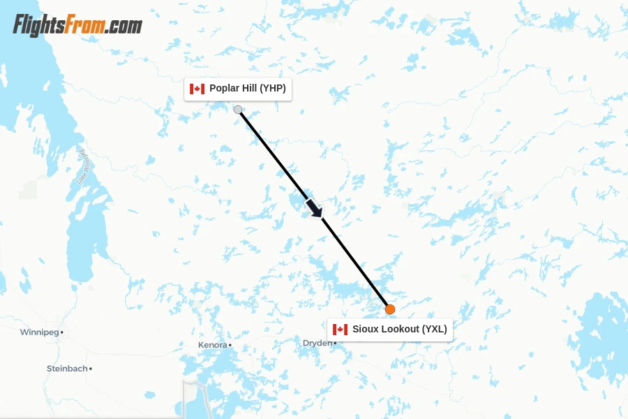 Flights from Poplar Hill to Sioux Lookout route map