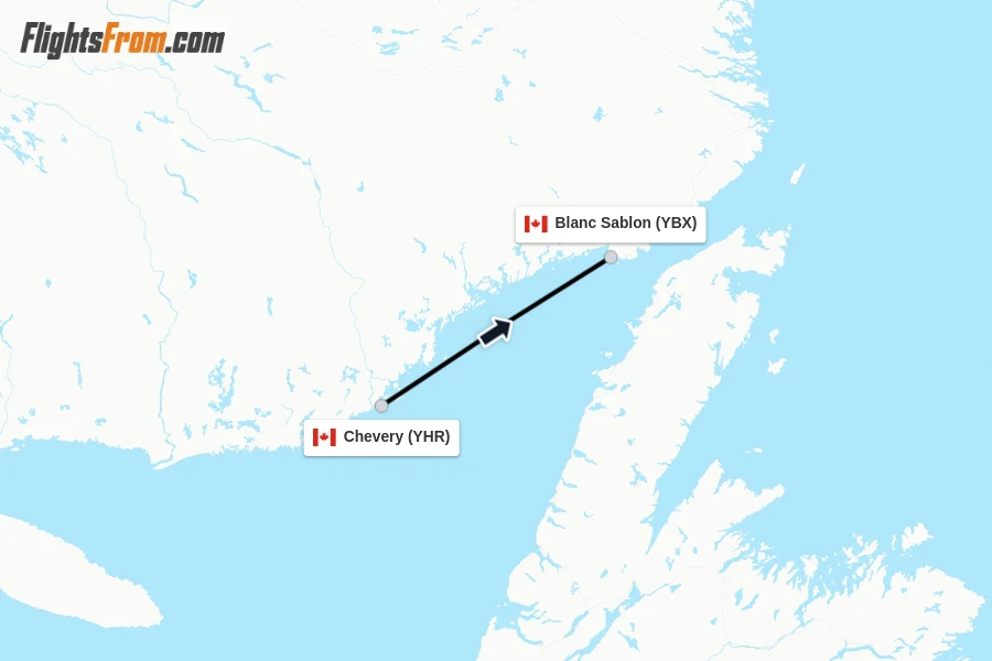 Flights from Chevery to Blanc Sablon route map