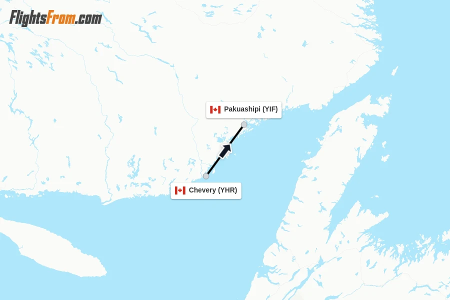 Flights from Chevery to Pakuashipi route map
