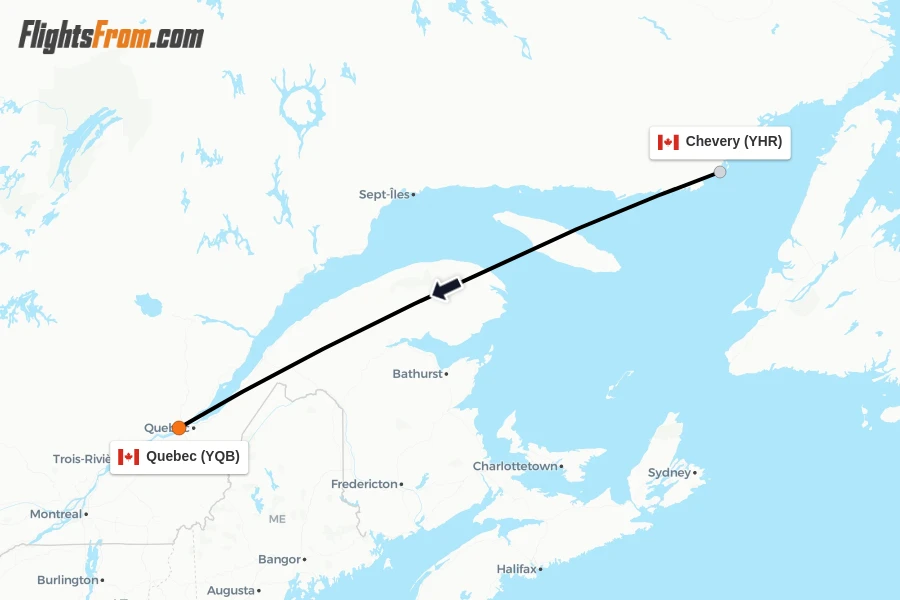 Flights from Chevery to Quebec route map