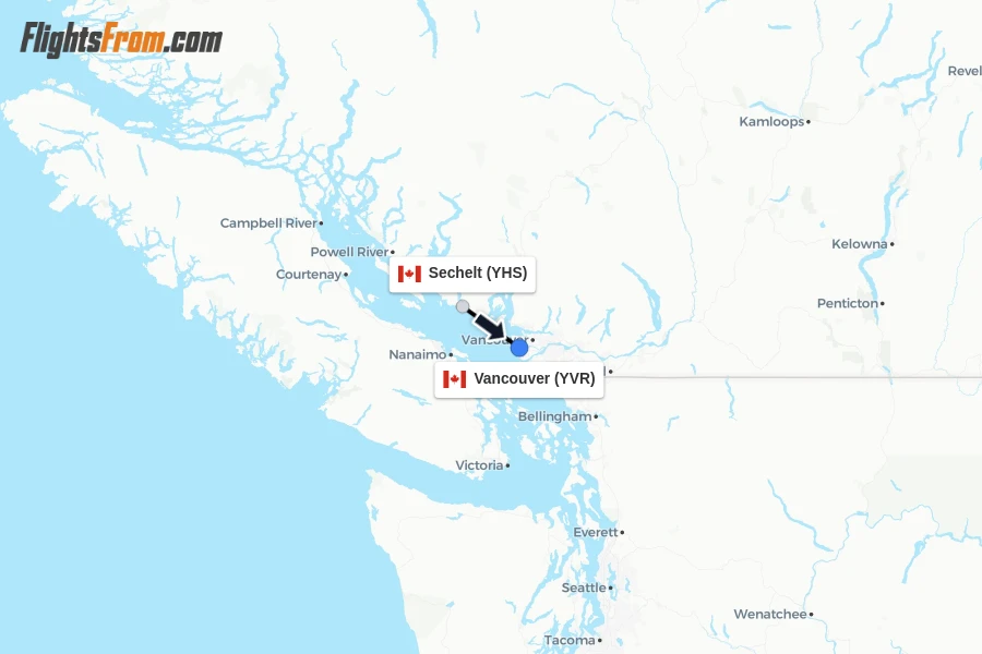 Flights from Sechelt to Vancouver route map