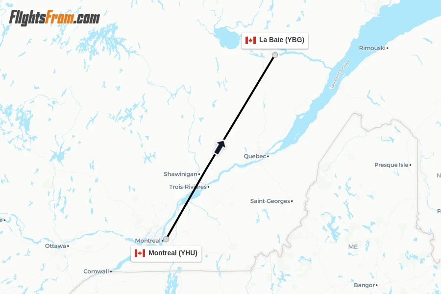 Flights from Montreal to La Baie route map