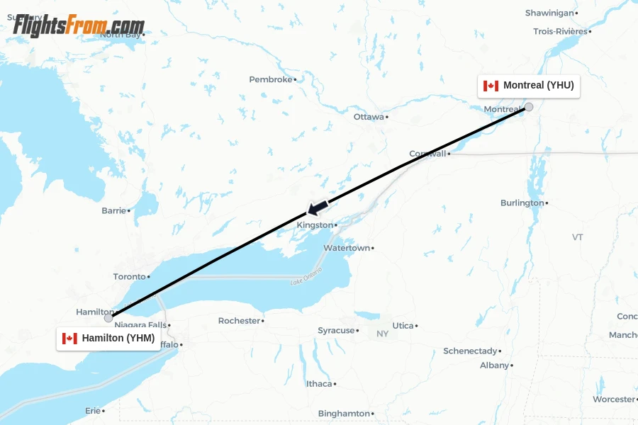 Flights from Montreal to Hamilton route map