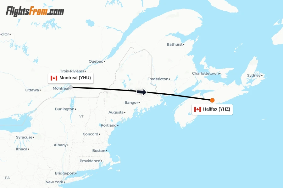 Flights from Montreal to Halifax route map