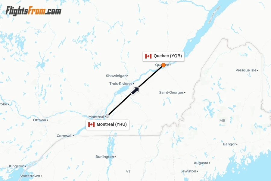 Flights from Montreal to Quebec route map